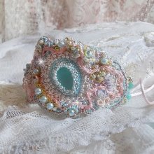 Bracelet Mint Lace Cuff Haute-Couture embroidered with Swarovski crystals, bohemian glass beads, seed beads and Lucite flowers in resin
